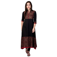 Load image into Gallery viewer, SIDDHANAM Black Gold Print Pure Cotton A-Line Printed Festive Kurta