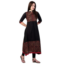 Load image into Gallery viewer, SIDDHANAM Black Gold Print Pure Cotton A-Line Printed Festive Kurta