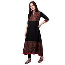 Load image into Gallery viewer, SIDDHANAM Black Gold Print Pure Cotton A-Line Printed Festive Kurta
